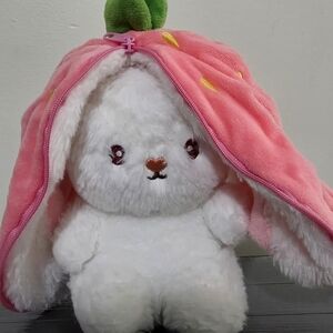 Cute White Plush Bunny with Pink Strawberry Hood